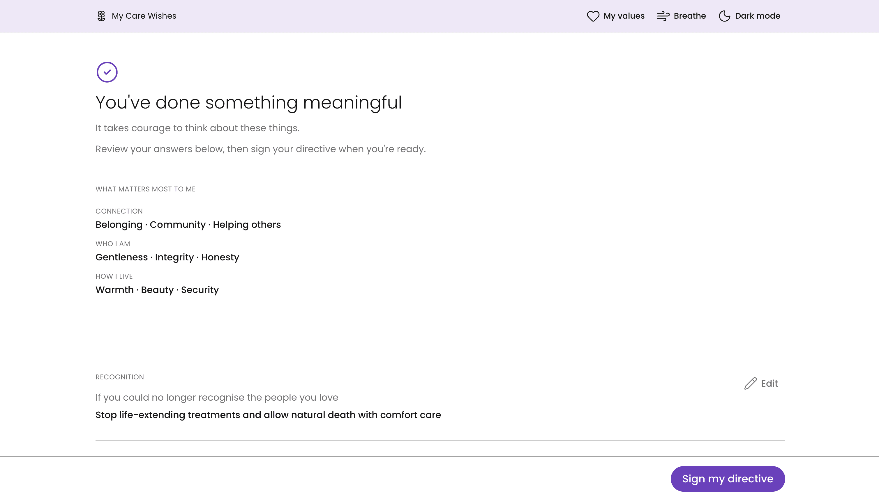 The review screen on desktop: What matters most to me lists the chosen values in three groups, then each answer with an Edit link, and a Sign my directive button