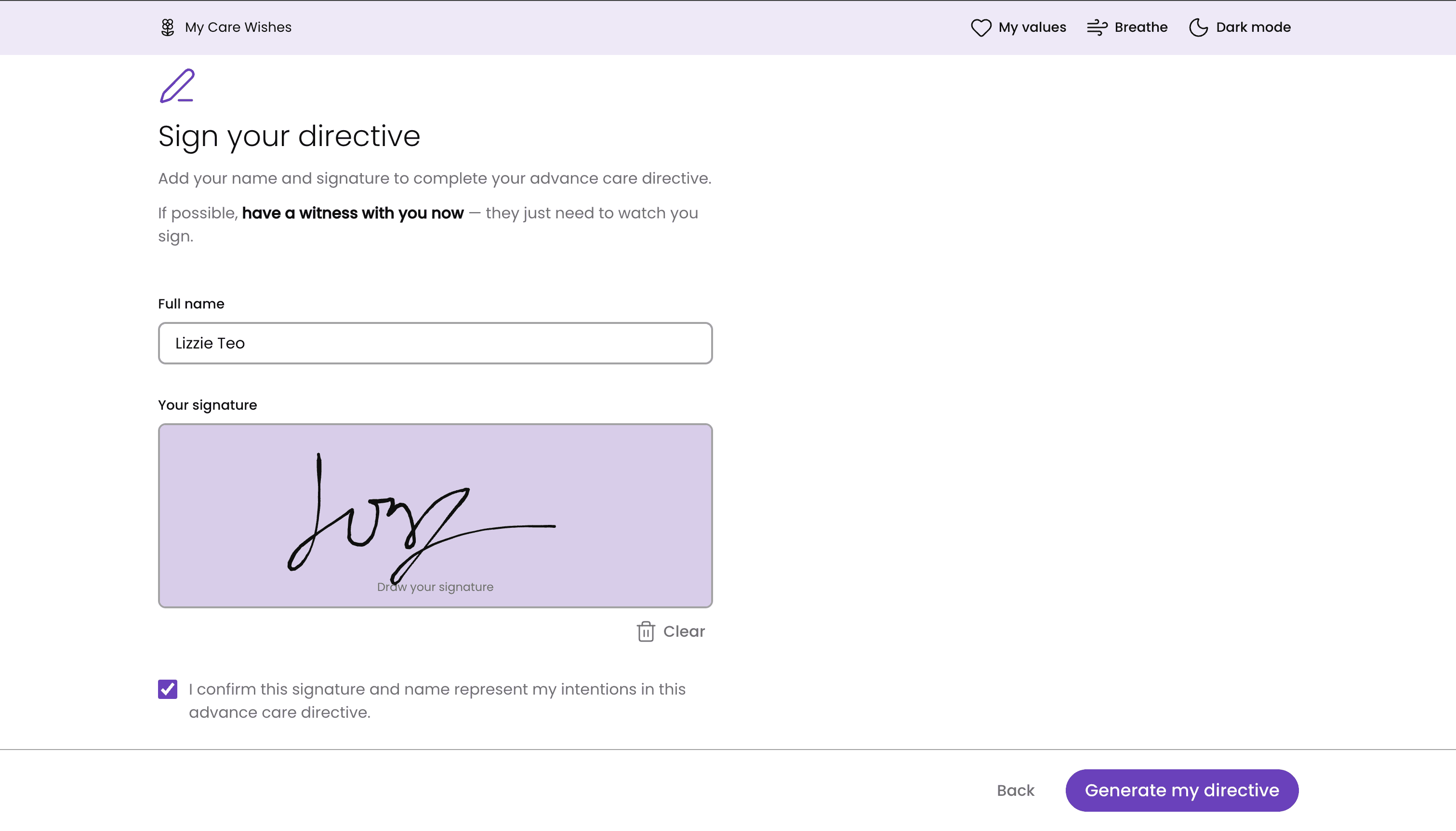 The sign screen on desktop, filled in: a full name, a drawn signature, the confirmation box ticked and Generate my directive ready