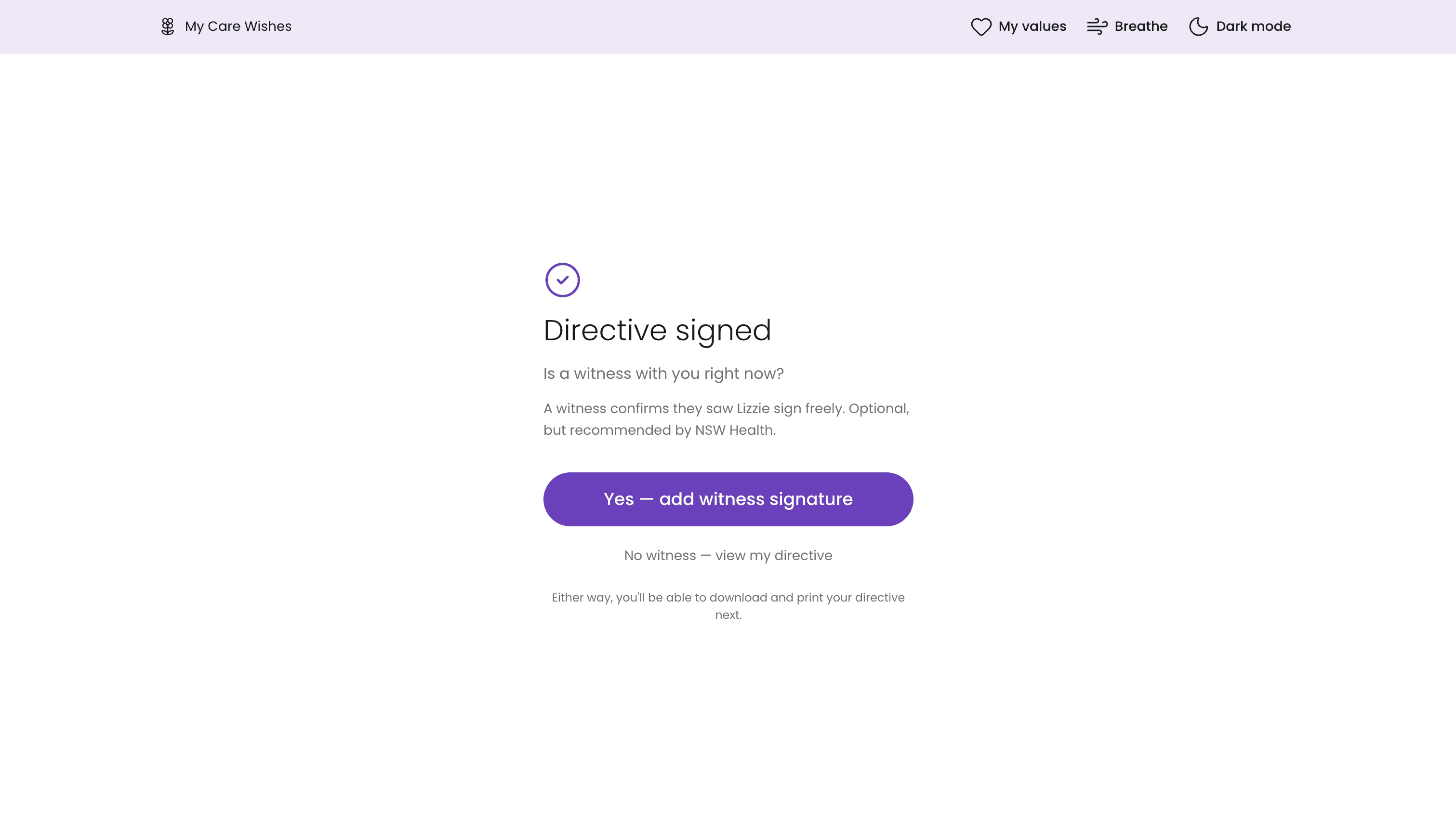 The Directive signed screen on desktop, asking Is a witness with you right now?, with a button to add a witness signature and a link to view the directive without one