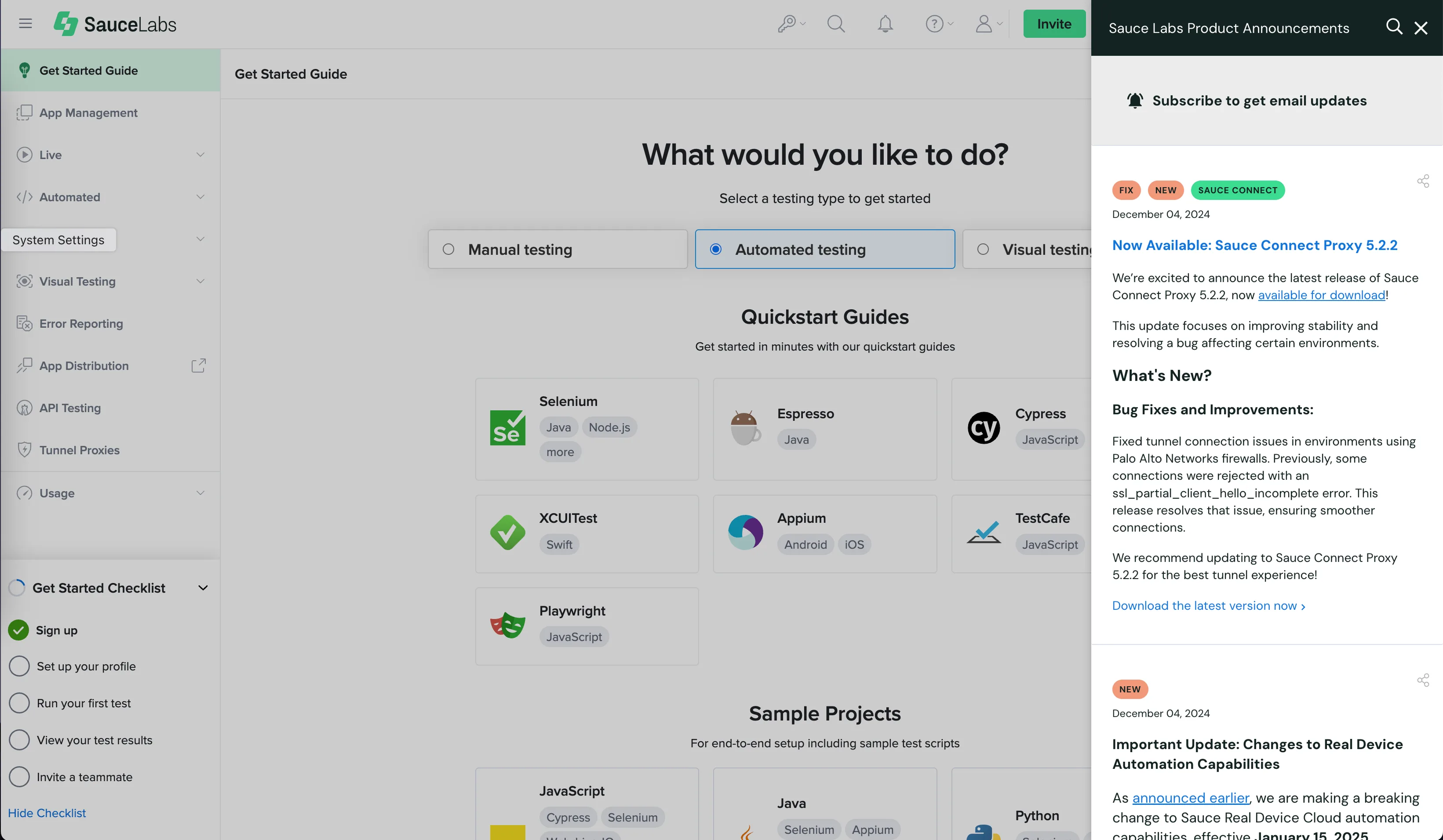 The Sauce Labs Get Started Guide: one question, 'What would you like to do?', with manual, automated and visual testing as the choices, quickstart cards for Selenium, Espresso, Cypress, XCUITest, Appium, TestCafe and Playwright, a Get Started Checklist down the left, and a product announcements panel open over the right of the page.