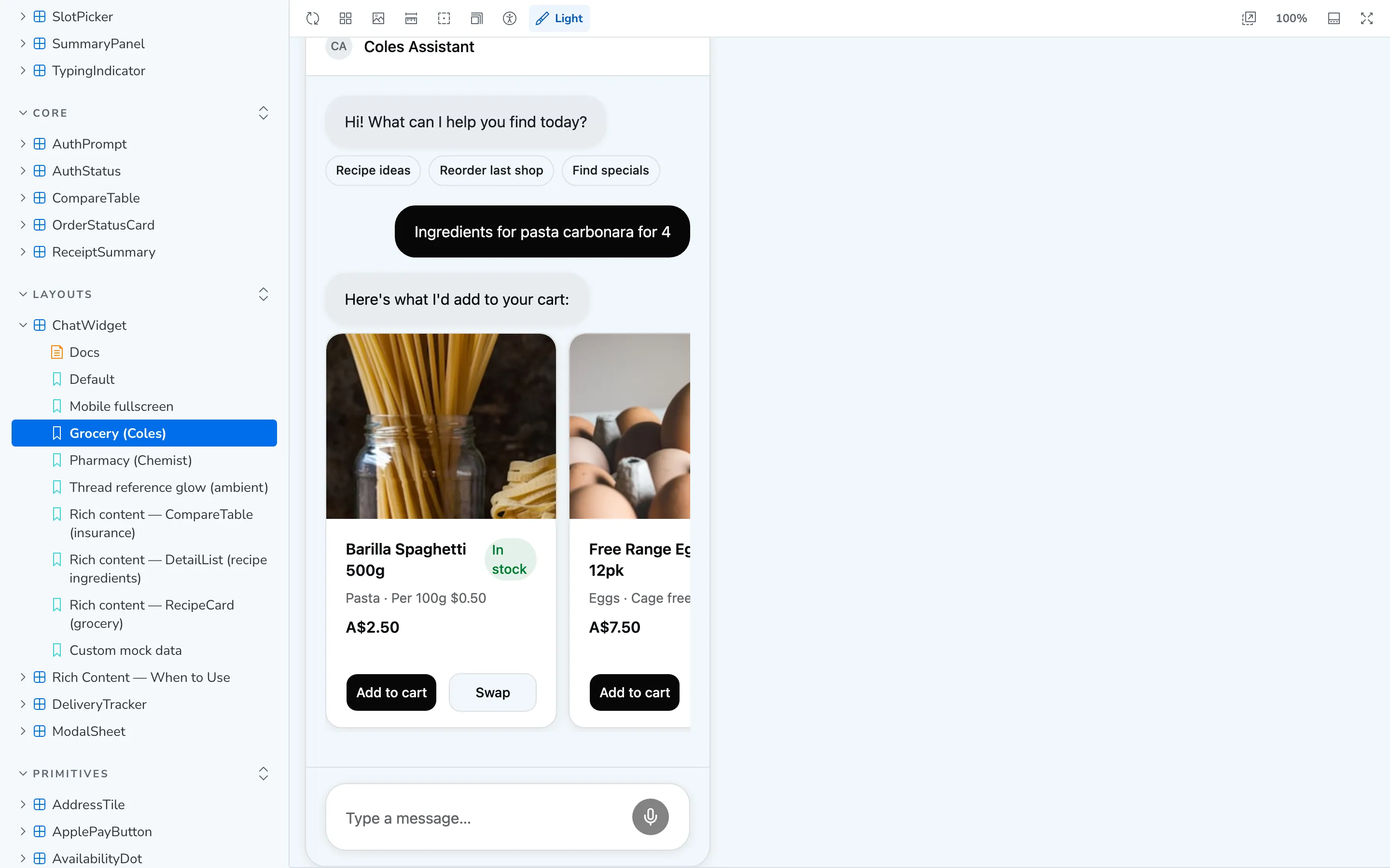 Storybook showing the chat widget in the example Coles grocery brand
