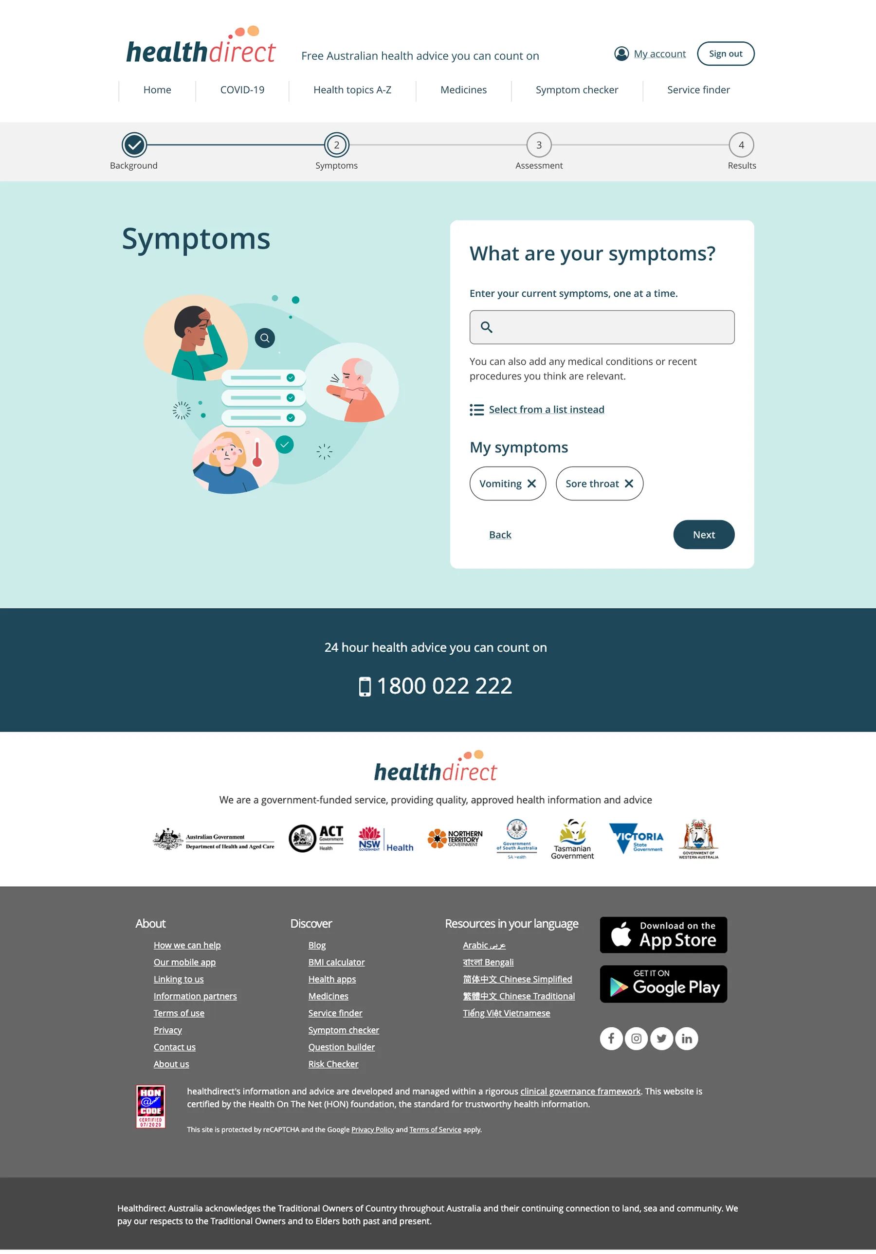 The redesigned Symptoms step on desktop: Vomiting and Sore throat added under My symptoms, one at a time.