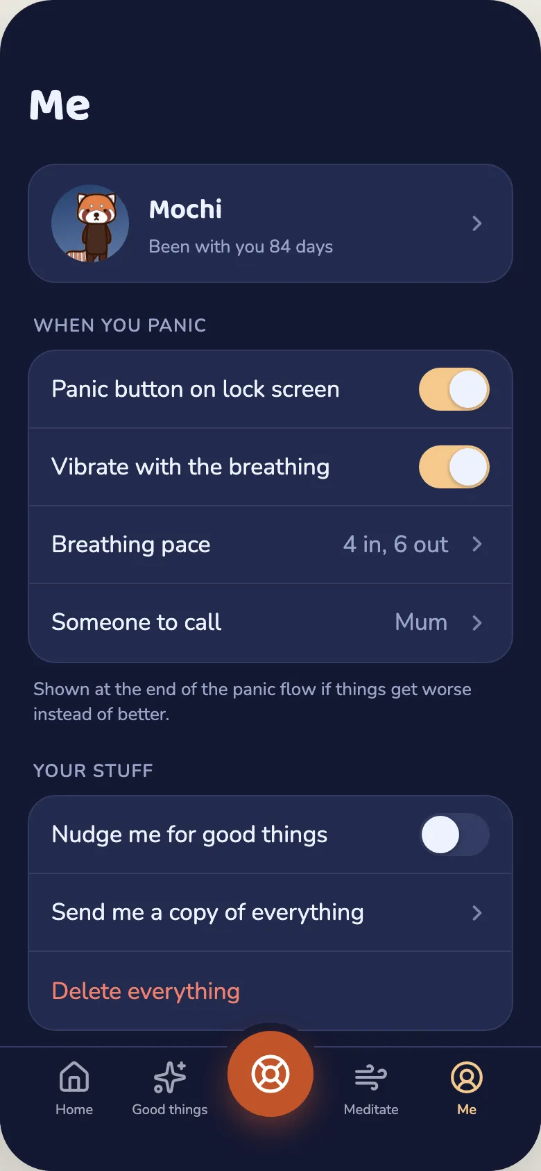 The Me screen in Moonlit valley, dark mode