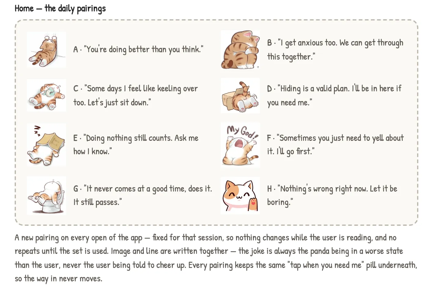 Wireframe of Home's daily pairings: a new line from the character on every open