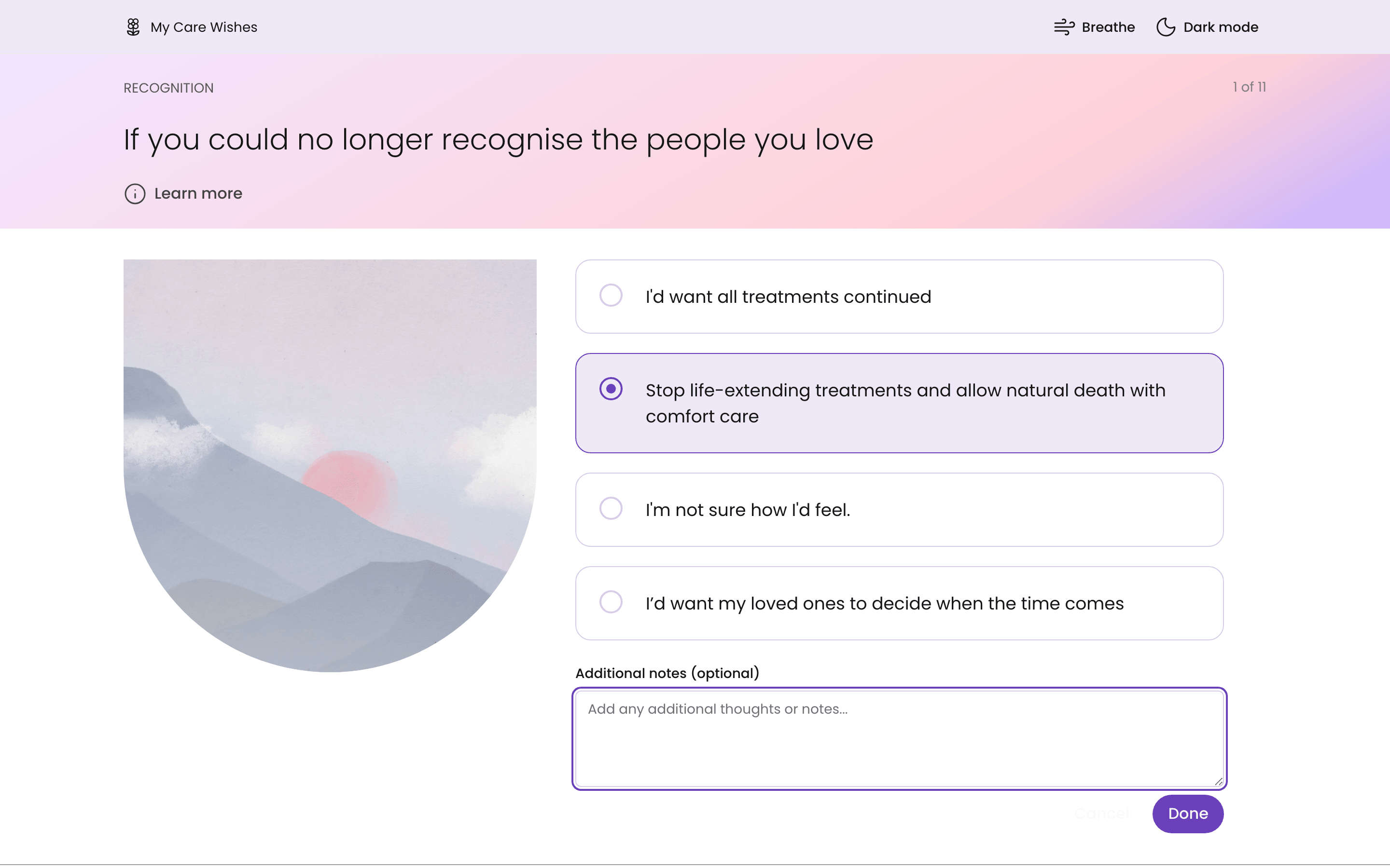 The same question with the optional notes field open beneath the answers.