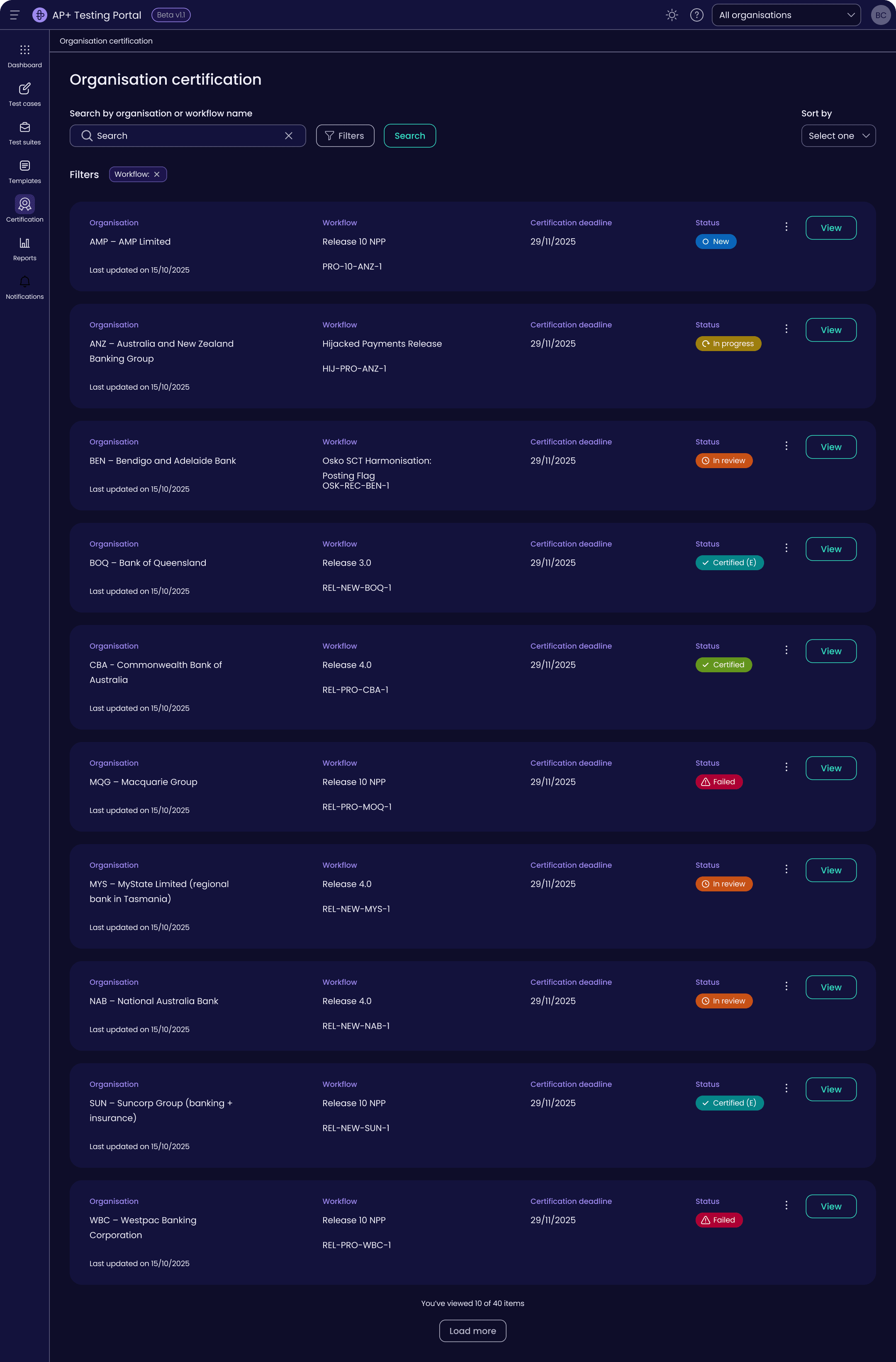 The same Organisation certification screen in the portal's dark theme.