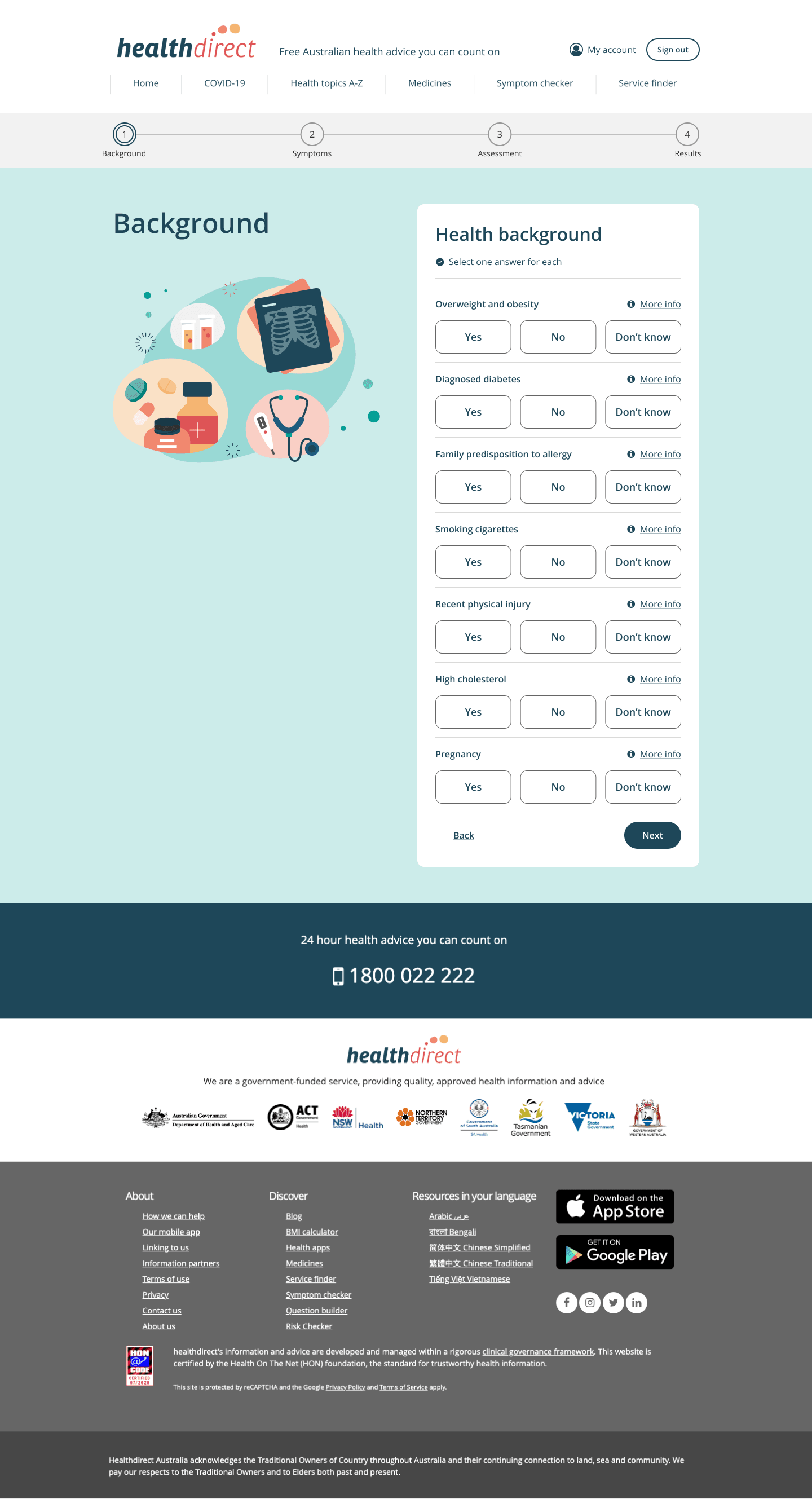 Background step on desktop with a four-stage progress stepper across Background, Symptoms, Assessment, and Results, above the health background questions