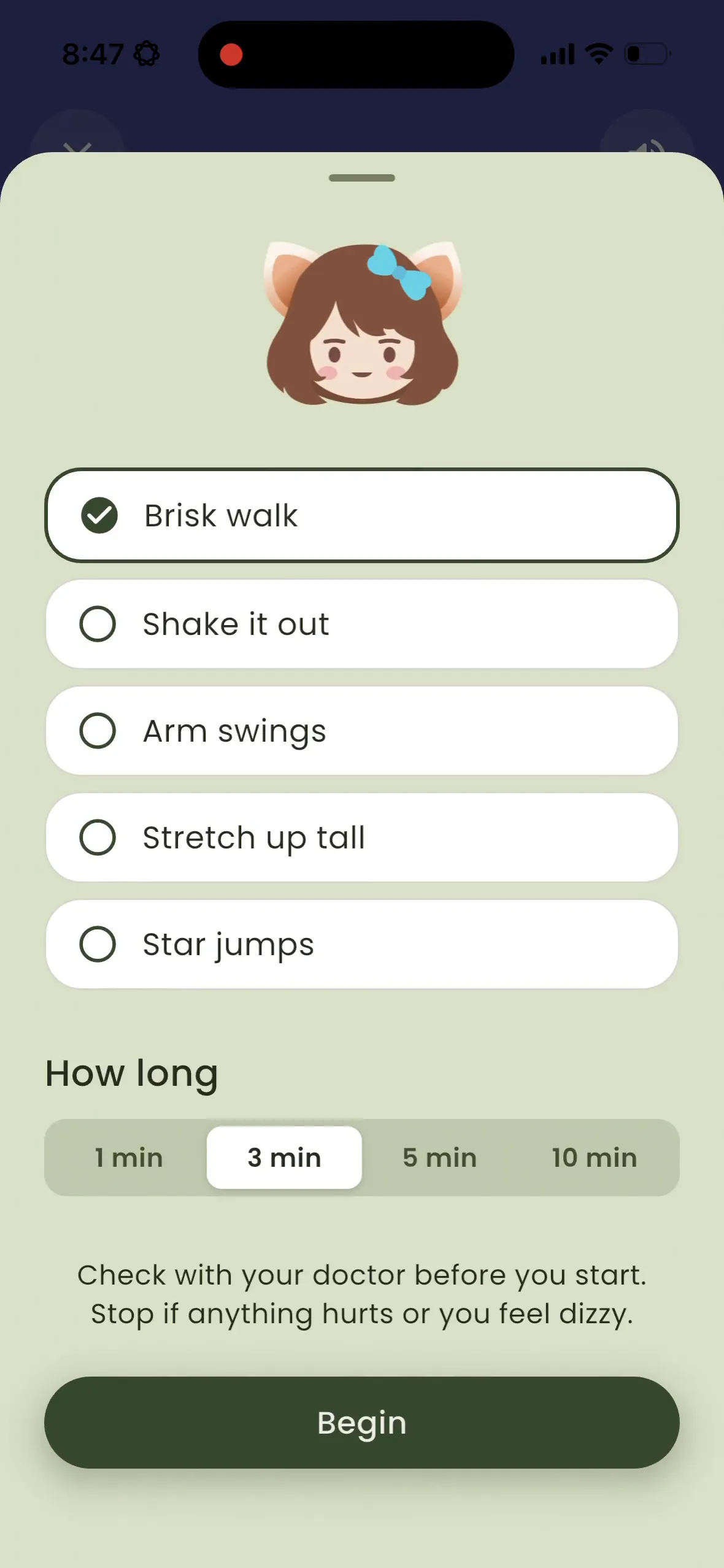 Michi: Picking a movement, then Mochi doing a brisk walk and star jumps with a timer.