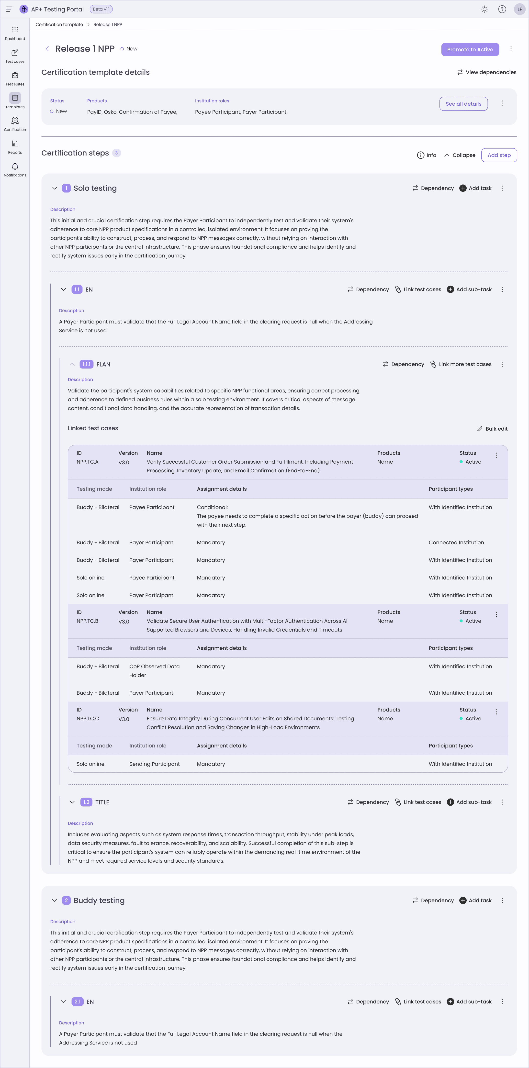 The certification workflow builder in the AP+ Testing Portal, light theme: a workflow template with its ordered steps, linked test cases and the fields a tester sets for each one.