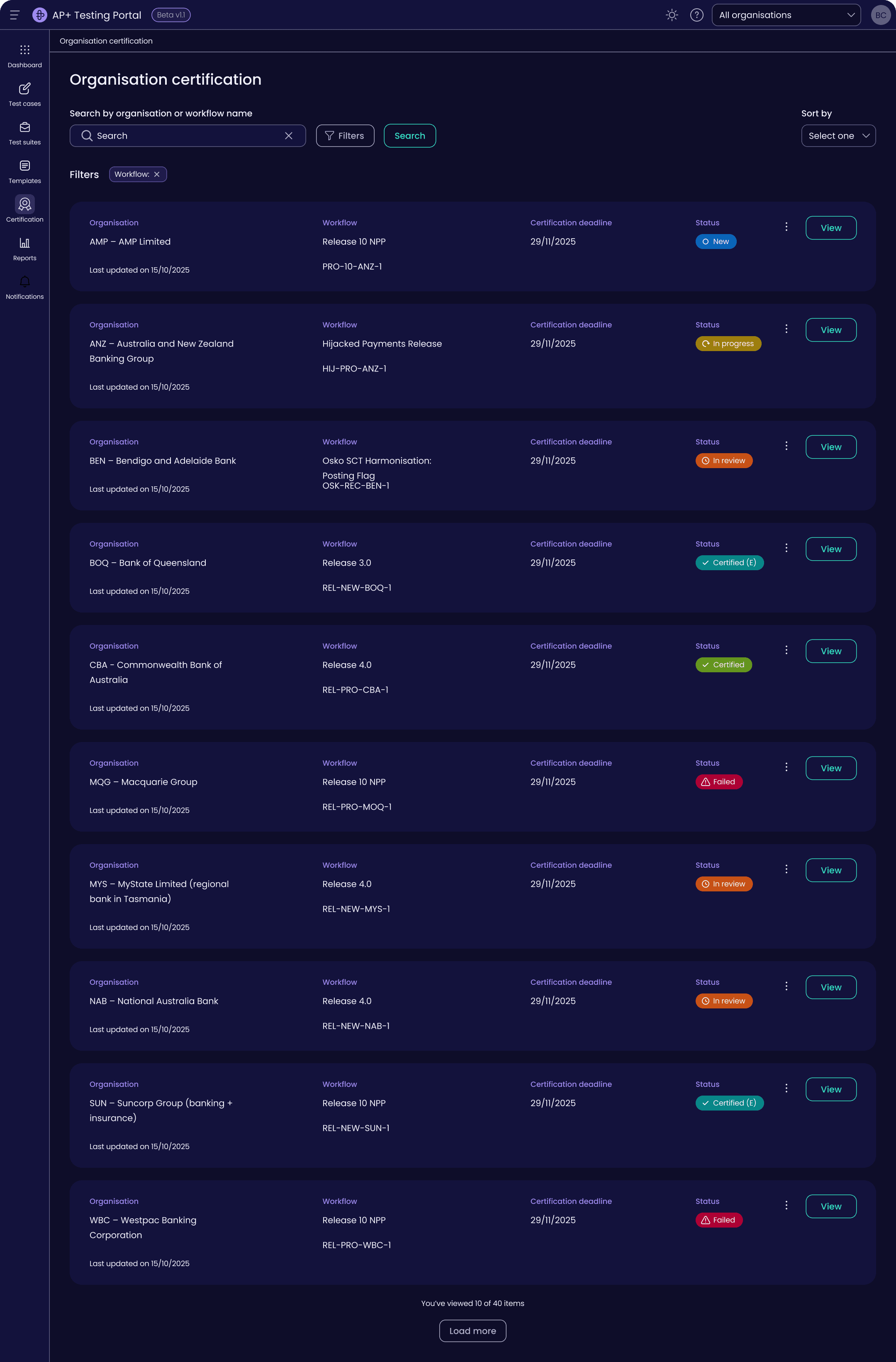 The same Organisation certification screen in the portal's dark theme.