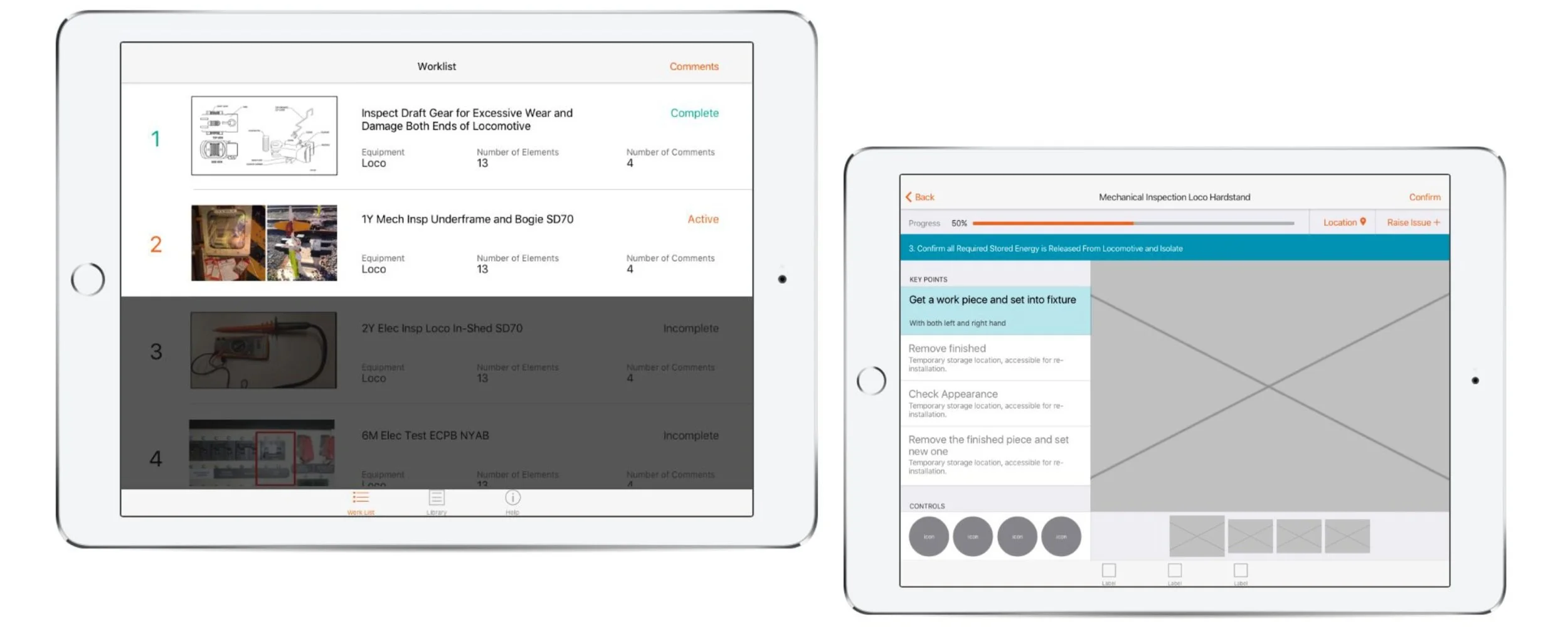 Standardised Work App on two iPads: the Worklist of four worksheets marked Complete, Active or Incomplete, and a worksheet element screen with progress bar, Location, Raise Issue and key points.