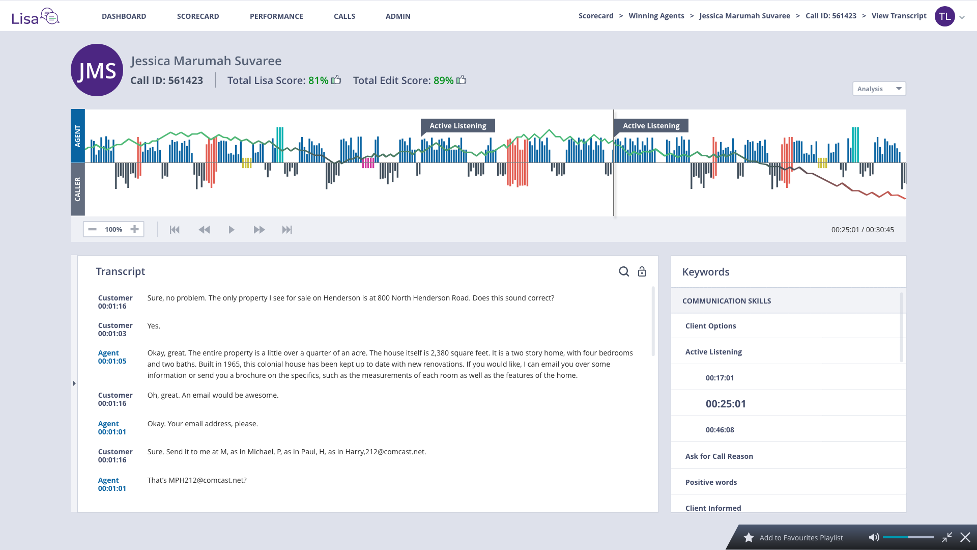 Lisa call page with transcript and keywords, designed for daisee in 2018