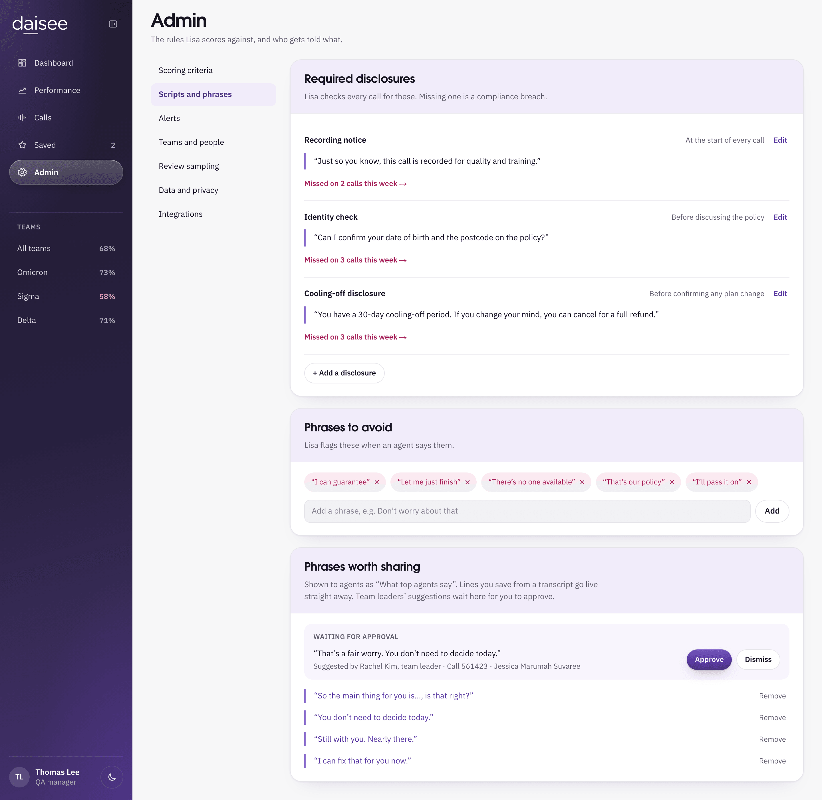 Admin in Lisa, Scripts and phrases: Required disclosures, each with its approved wording and how many calls missed it this week, then Phrases to avoid and Phrases worth sharing. From the 2026 build made in Claude Design.