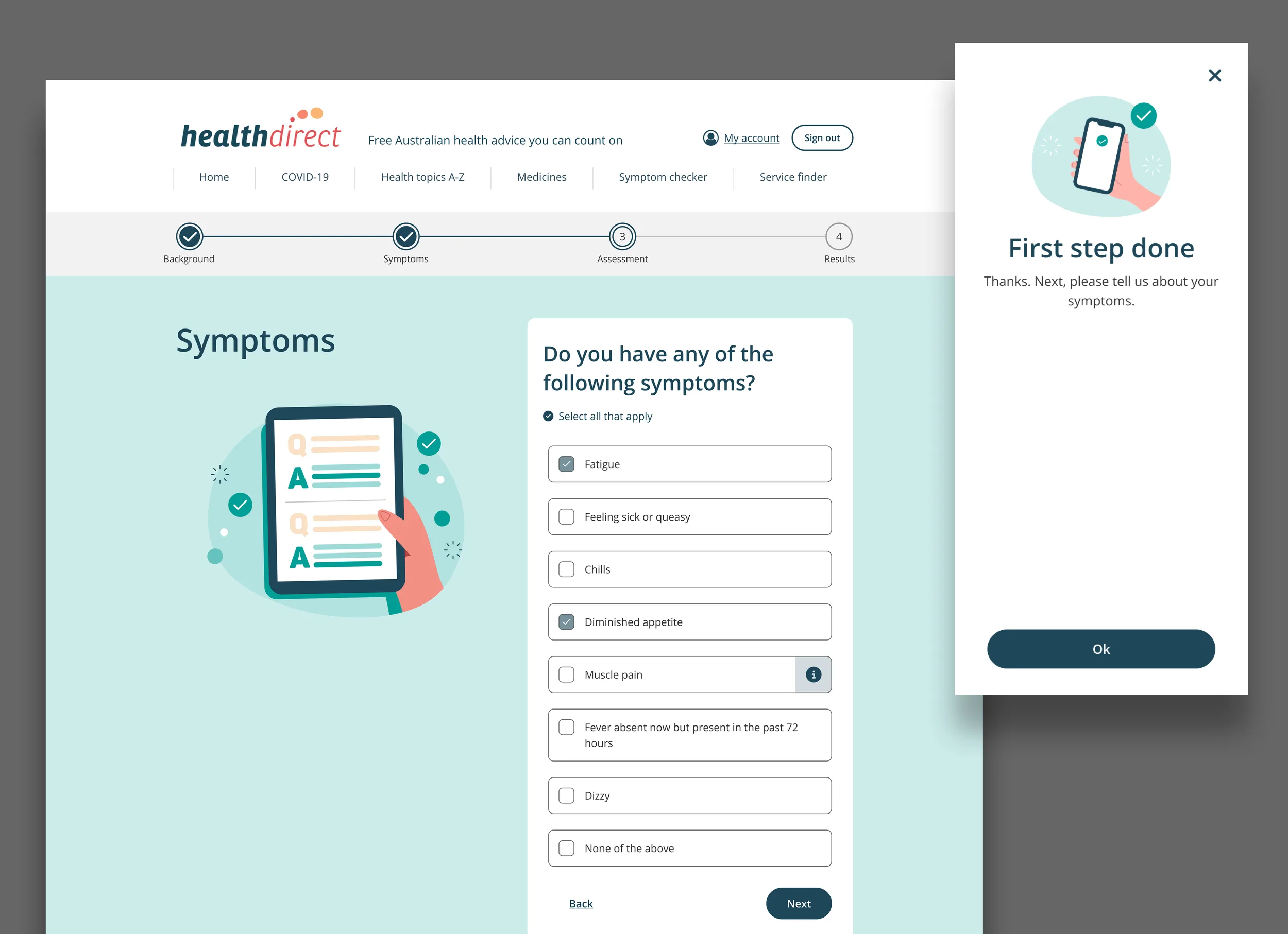 Symptoms step with a four-stage progress stepper, beside the 'First step done' encouragement screen